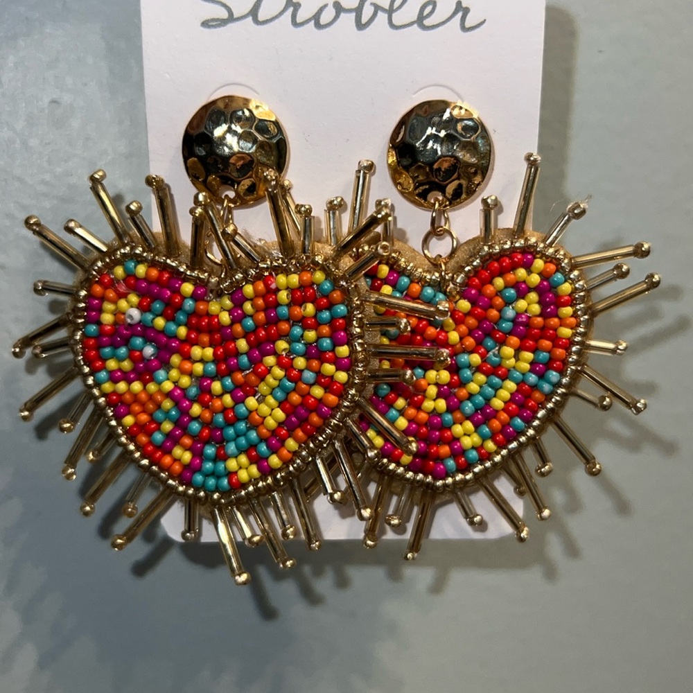 NWT Beaded multicolor, gold fringe, heart drop earring for pierced ears - Picture 3 of 4